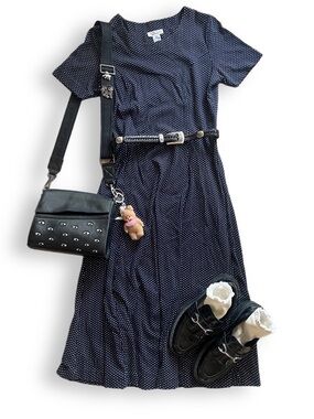 90s Talbots navy polka dot cotton midi dress | short sleeve fit & flare - size S